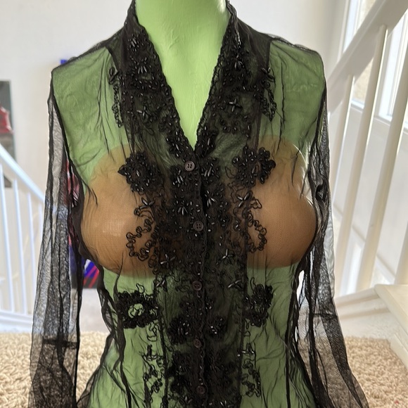 Black see-through with lace embroidery in the middle long-sleeved blouse - Picture 2 of 10